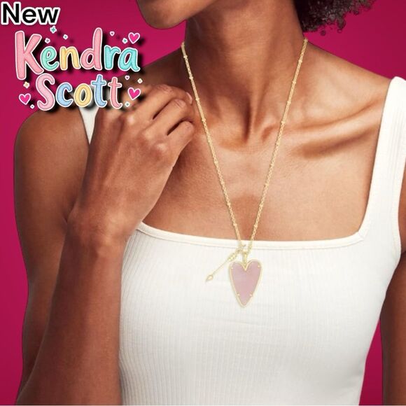 New Kendra Scott Ansley Heart Long Rose Quartz Gold Pendant Necklace (Sold Out) - Picture 4 of 5